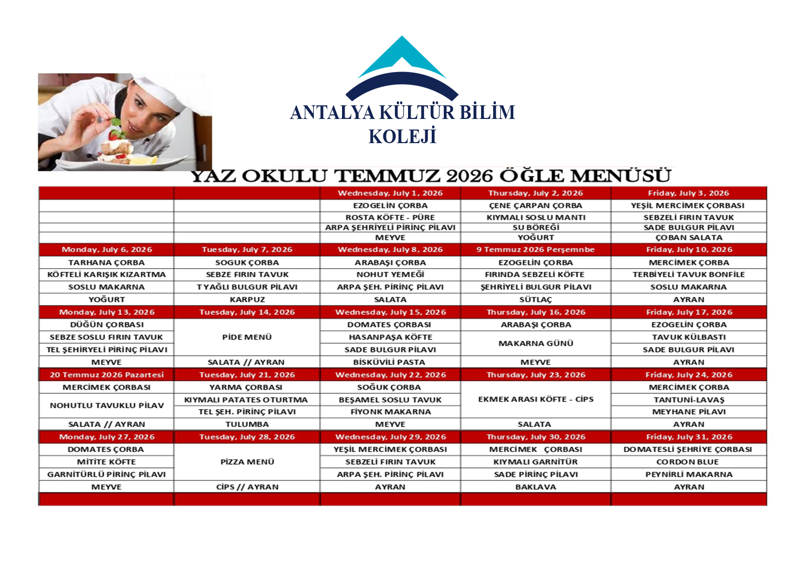 Temmuz Ayı Öğle Yemeği Menüsü